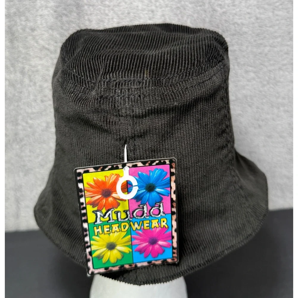 Mudd Bucket Hat Girls OS Black Corduroy Floral Applique Y2K Vintage NWT